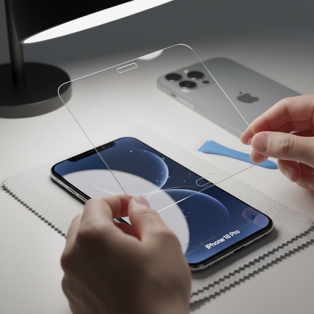 Una persona tiene tra le mani una pellicola di vetro temperato per applicarla sullo schermo di uno smartphone posizionato su un panno in microfibra.