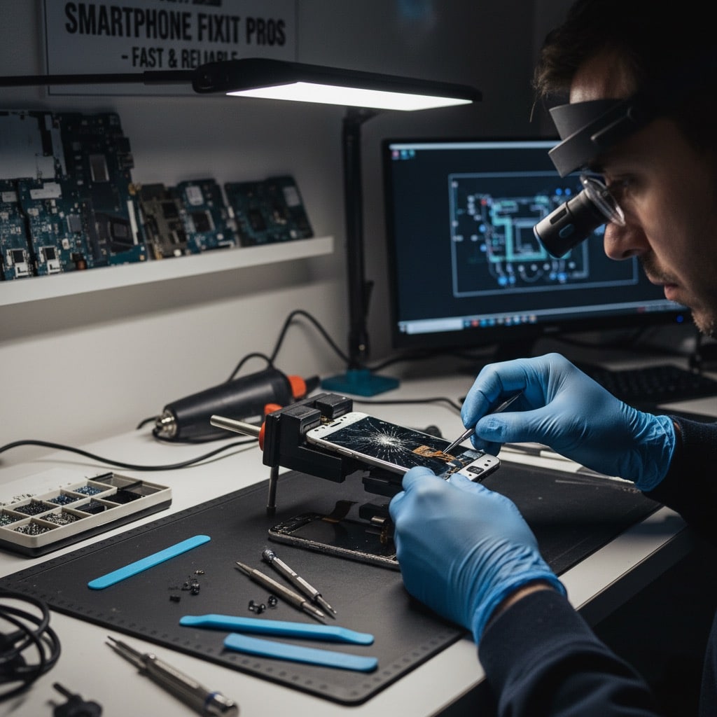 Un tecnico con guanti blu ripara lo schermo rotto di uno smartphone in un laboratorio di riparazione.