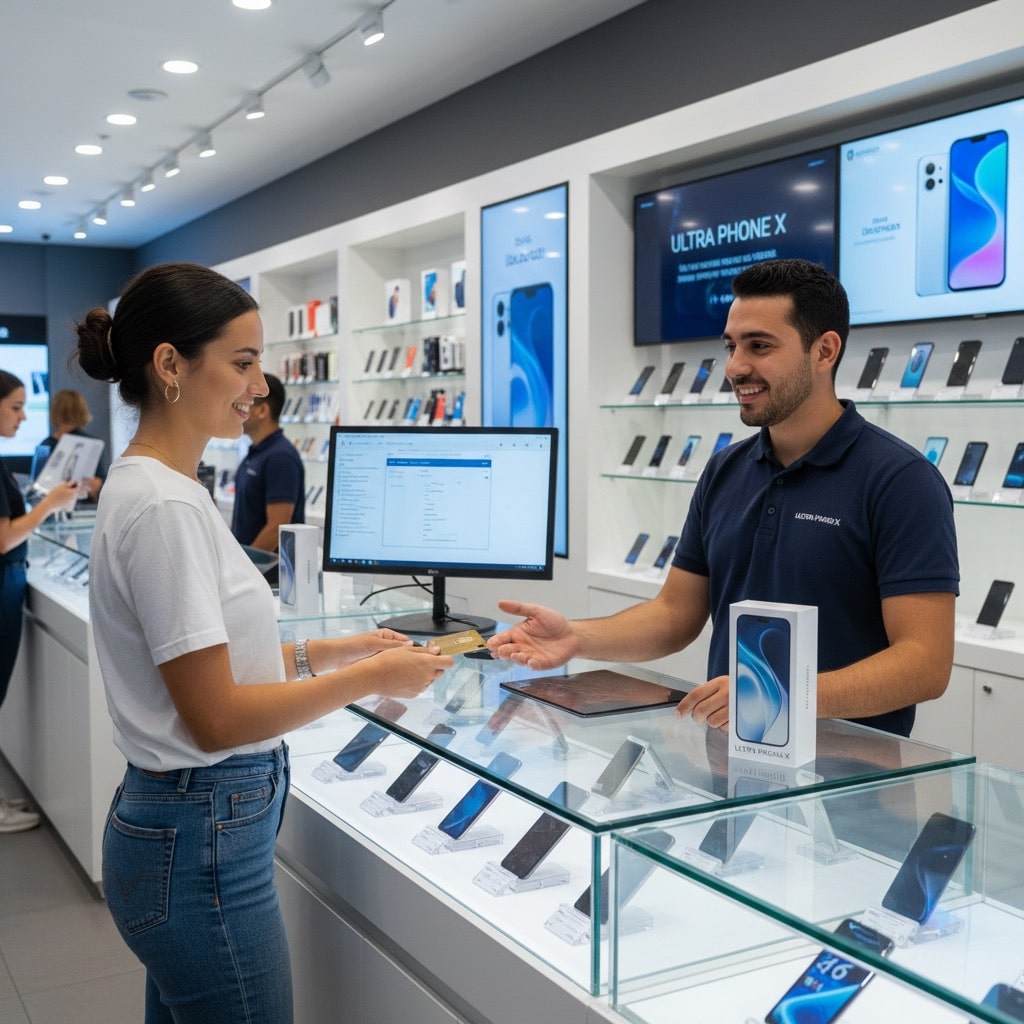 Un addetto alle vendite sorridente in un negozio di telefonia accetta una carta di credito da una cliente.