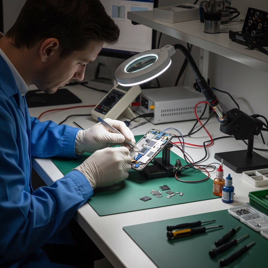 Un tecnico con camice blu e guanti bianchi ripara la scheda madre di uno smartphone usando una lente di ingrandimento e delle pinzette su un banco da lavoro.